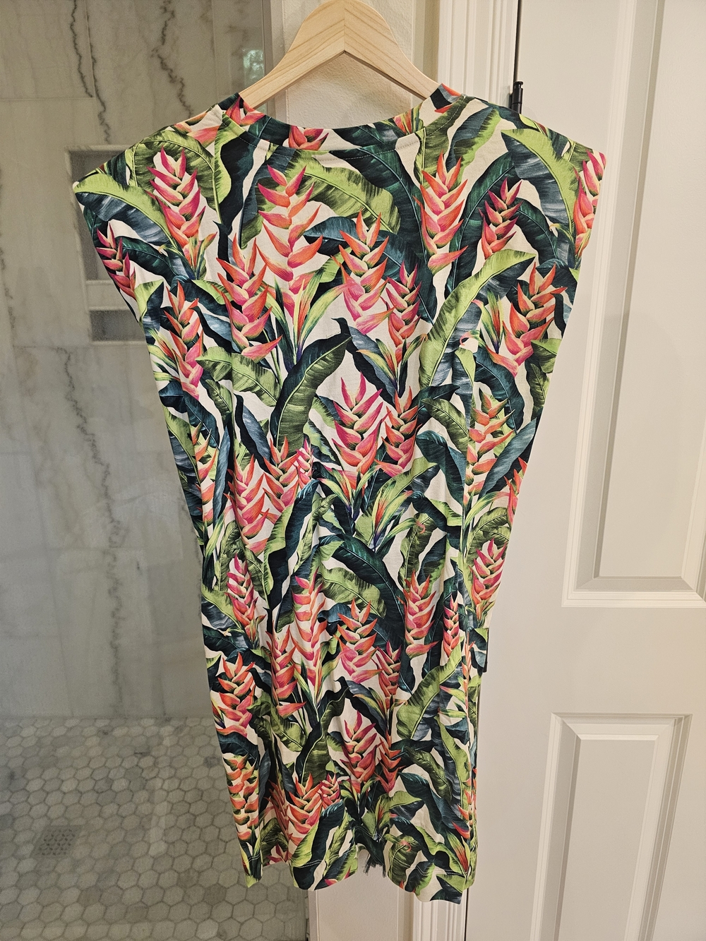 FARM Rio Tropical Leaf & Heliconia Print Mini Dress in Green, Pink, Orange - Picture 4 of 4